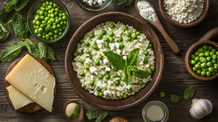 Cooking ingredients for vegetable risotto with green peas mint and goat cheese arranged on rustic wooden table top view culinary concept