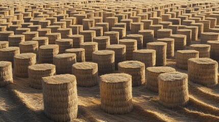 Cylindrical straw bales neatly arranged in an agricultural field after a bountiful wheat harvest showcasing rural farming and productivity.