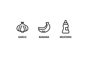 Banana icon, mustard, garlic sign. Food allergen icons. Allergen free products. Products warning symbols.