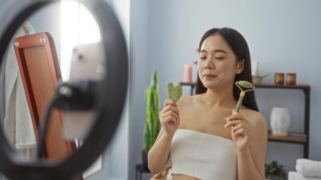 Woman producing a video tutorial in a spa beauty center, holding facial massage tools and surrounded by wellness decor