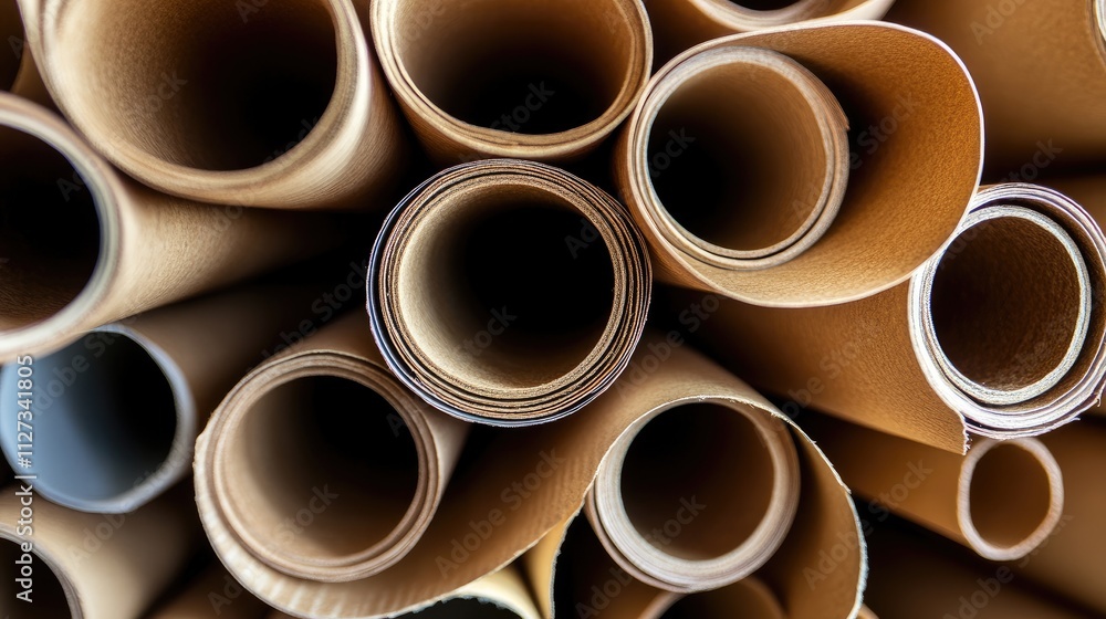 Poster collection of rolled paper tubes showcasing textured surfaces and circular openings arranged in a vi