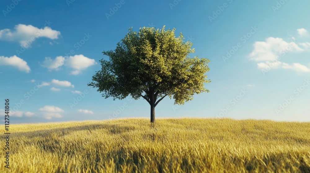 Poster solitary tree in golden wheat field under clear blue sky with soft clouds and warm sunlight creating