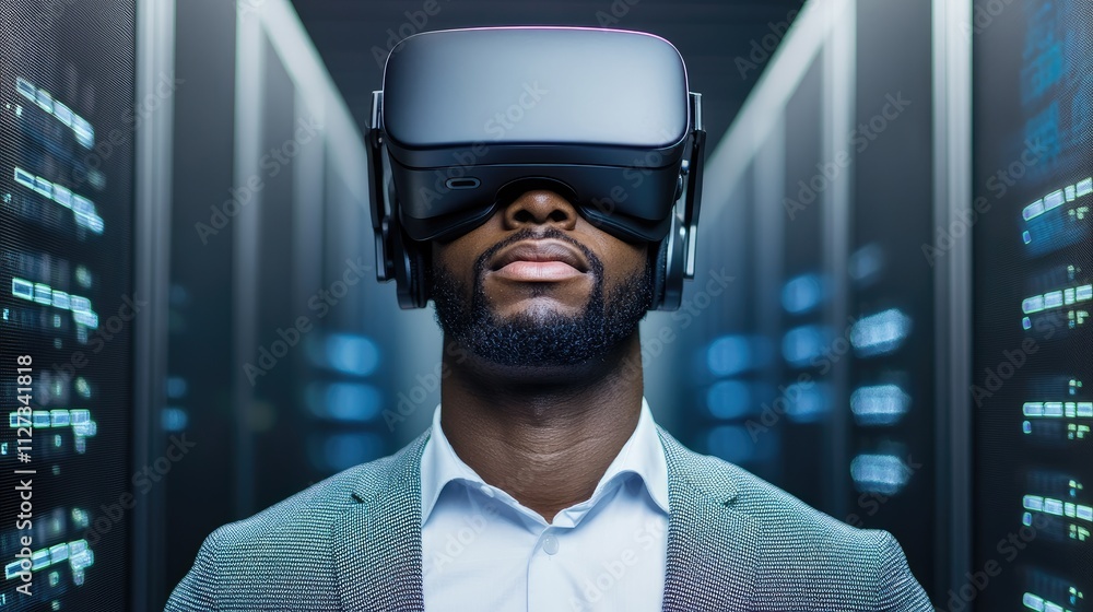 Poster data processing in server room with african american male using vr headset showcasing cloud computin