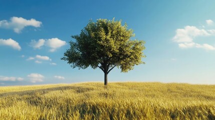 Fototapeta premium solitary tree in golden wheat field under clear blue sky with soft clouds and warm sunlight creating a serene rural landscape scene