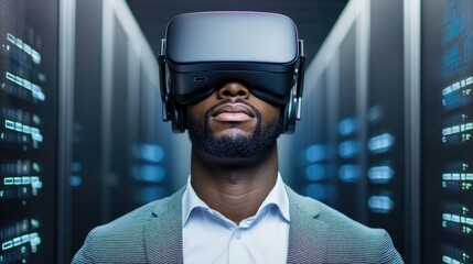 Data processing in server room with African American male using VR headset showcasing cloud computing technology innovation