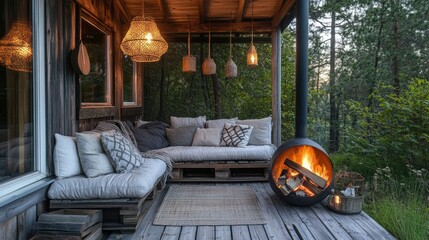 Cozy porch sofa with wooden fire pit surrounded by nature in a serene outdoor garden setting for tranquil relaxation and gatherings