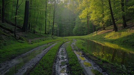 Obraz premium Tranquil lakeside pathway grassy trail with serene reflections of trees on water s surface