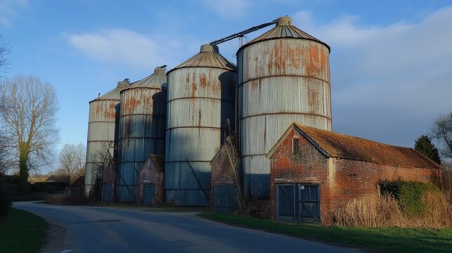 Weathered metal grain silos alongside old brick structures in a rural setting near Tring showcasing agricultural heritage and industrial architecture.