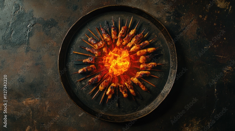 Poster grilled chicken kebabs arranged in a circular pattern on a dark metal tray with a smoky background a