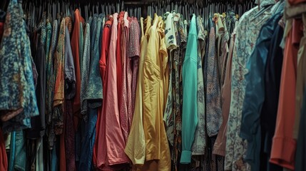 Colorful clothing assortment displayed on market stall emphasizing various styles and pricing showcasing vibrant textile diversity