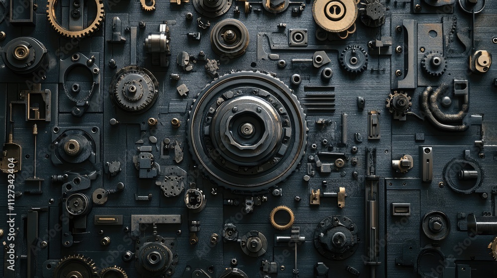 Poster industrial machinery components and gears arranged in a detailed pattern showcasing mechanical desig