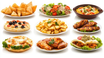 Fototapeta premium Assorted delicious food dishes including samosas, salads, pizza, and grilled items arranged on white background for culinary presentation.