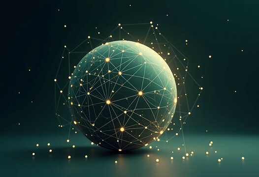 A 3D rendering of a sphere interconnected by glowing lines, symbolizing global network and connectivity.