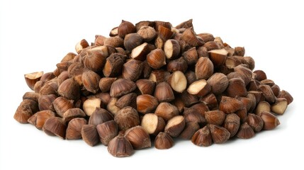 Edible chestnuts heap on a white background showcasing their rich brown color and unique shape ideal for culinary use and seasonal recipes