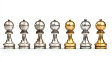 Obraz premium Silver and golden chess pawns in a row isolated on a white background symbolizing strategy and competition in games