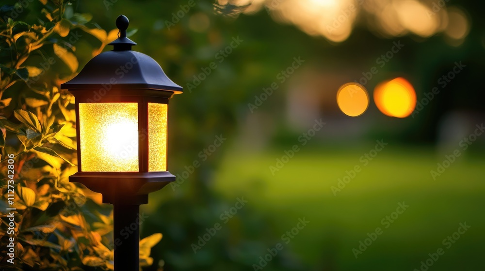 Aufkleber outdoor decorative lamp illuminated in soft evening light with blurred greenery and bokeh background