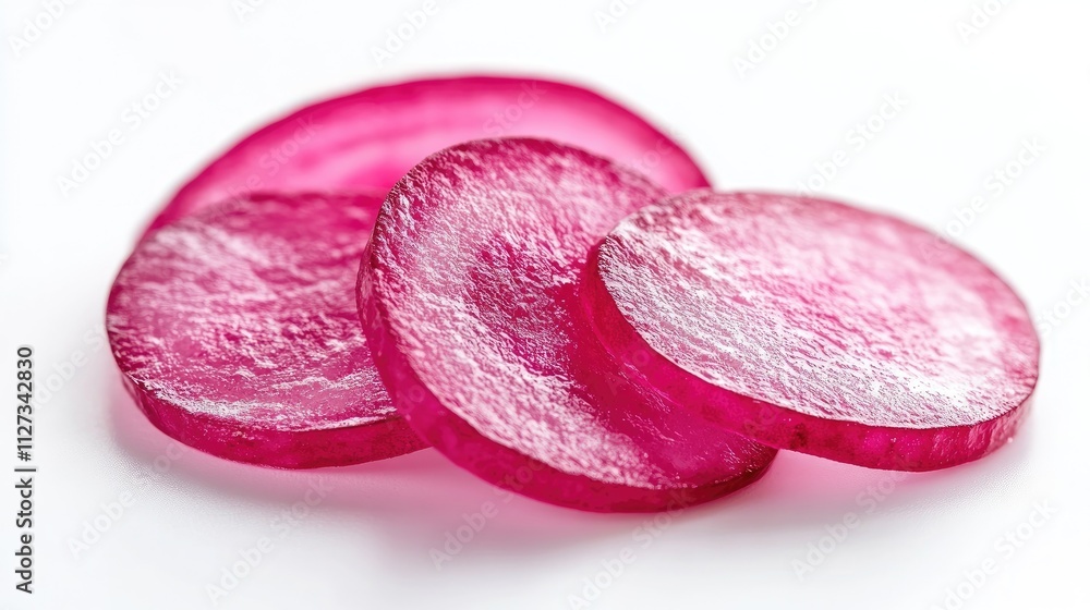 Poster freshly sliced vibrant pink radishes on white background showcasing shallow depth of field and selec