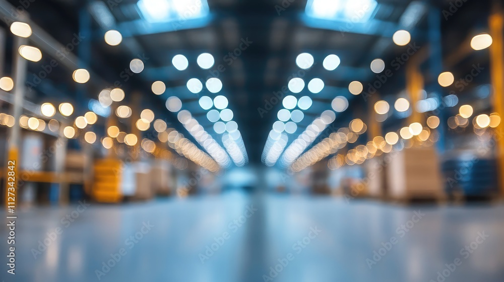 Poster modern warehouse interior with dynamic abstract blur and bokeh lighting effects creating a vibrant i