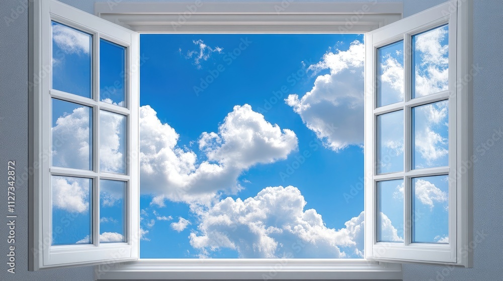 Poster bright open window with white frames showcasing a clear blue sky filled with fluffy clouds creating 