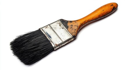Vintage Wide Black Bristle Paint Brush with Wooden Handle Isolated on Clean White Background for Art and Craft Projects