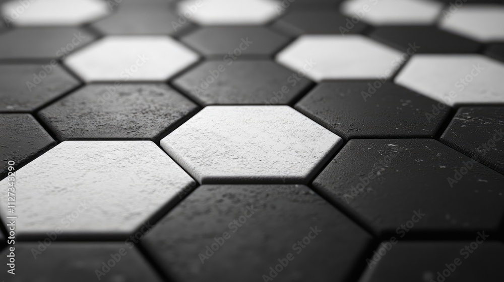 Poster black and white hexagonal tile pattern showcasing texture and depth in modern interior design elemen