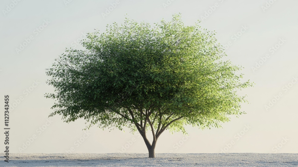 Poster lush green tree with spreading branches against a light background in a serene landscape setting