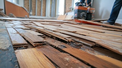 Hardwood floor removal process during home renovation showing large pile of wooden planks scattered on construction site