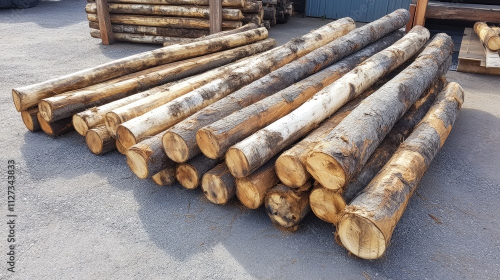 Poster pile of raw pine logs with bark showcasing natural textures and forms in a rustic outdoor setting