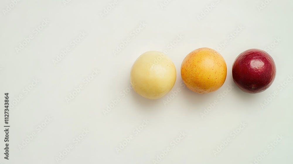 Poster three colorful macadamia nuts arranged on a white background showcasing their unique textures and na