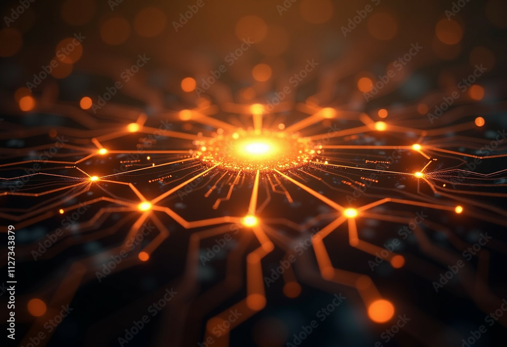 Wall mural abstract glowing network, interconnected nodes radiating from central light source. digital technolo