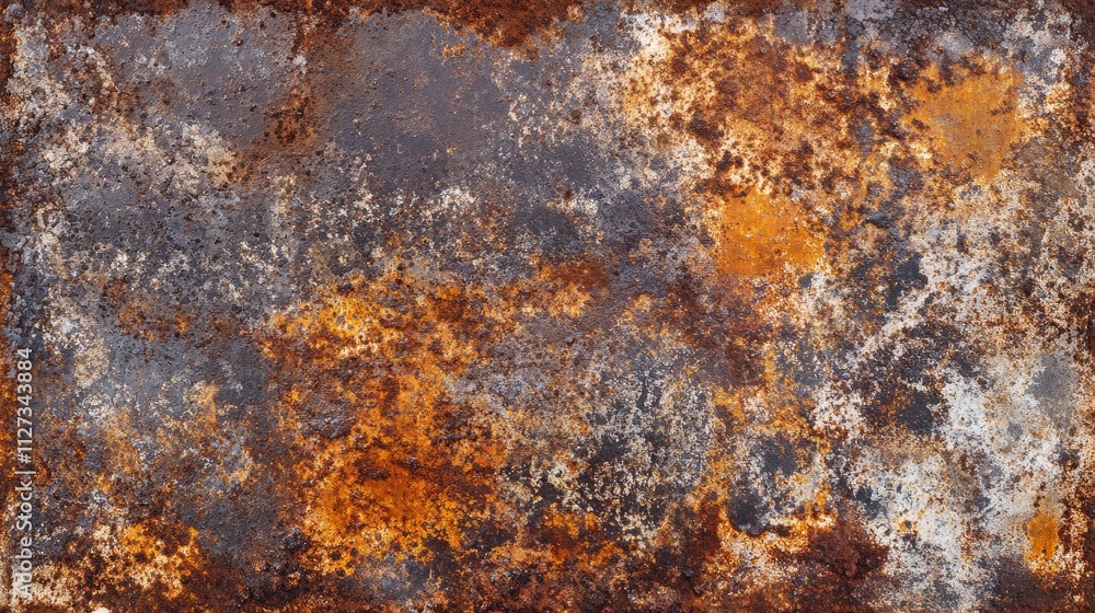 Poster textured rusted metal surface with deep corrosion and vibrant orange and brown hues creating an abst