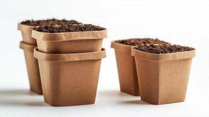 Eco-friendly paper cups filled with peat and fertilizers for seedling cultivation presented in a modern minimalistic style.