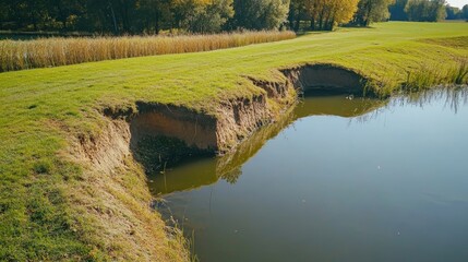 Autumn scene of eroded shoreline with lush grass by a tranquil pond surrounded by trees reflecting on calm water surface