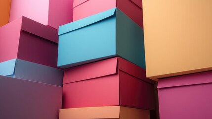 Colorful stacked paper boxes showcasing die-cut packaging design in various sizes and shapes for creative storage solutions