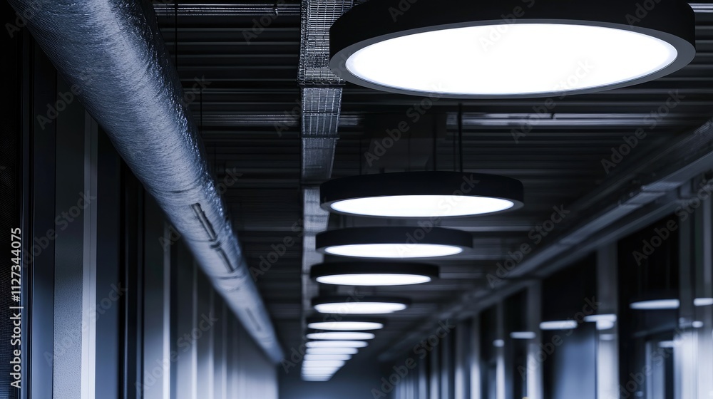Poster industrial led lighting with motion sensors illuminating a spacious hall featuring modern design ele