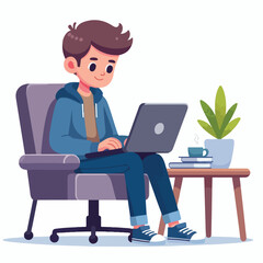 a boy is using his laptop vector