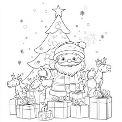 Fototapeta premium Joyful Holiday Scene: Santa Claus, surrounded by gifts and reindeers, stands before a decorated Christmas tree, celebrating the holiday season. a festive atmosphere, capturing the spirit of christmas.