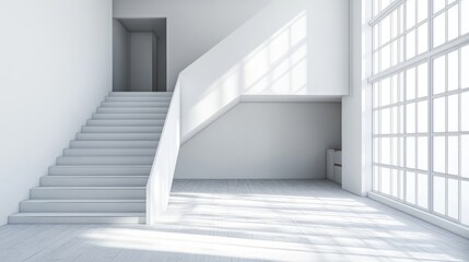 Obraz premium Minimalist living room kitchen with modern white staircase and large windows showcasing contemporary interior design and wooden parquet floor