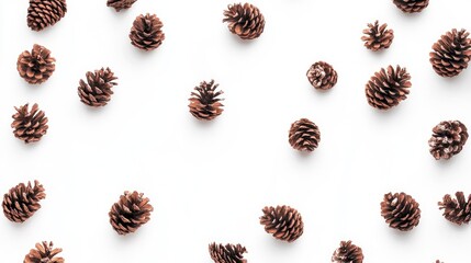 Fototapeta premium Scattered pine cones on a clean white background creating a natural and rustic aesthetic for seasonal decor and design projects.