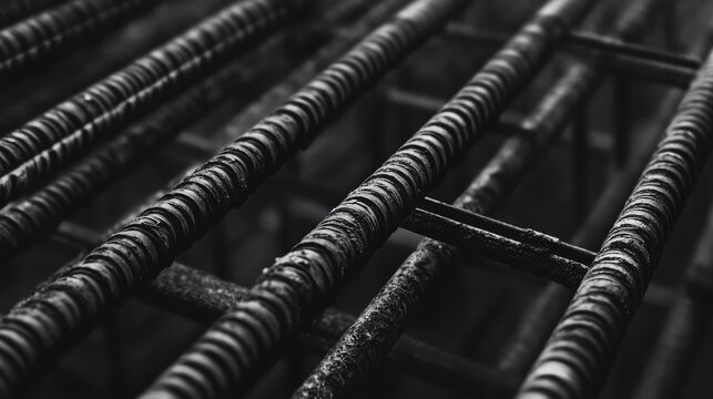 Reinforcing steel rebars arranged in parallel for construction floor framework in a detailed close-up view