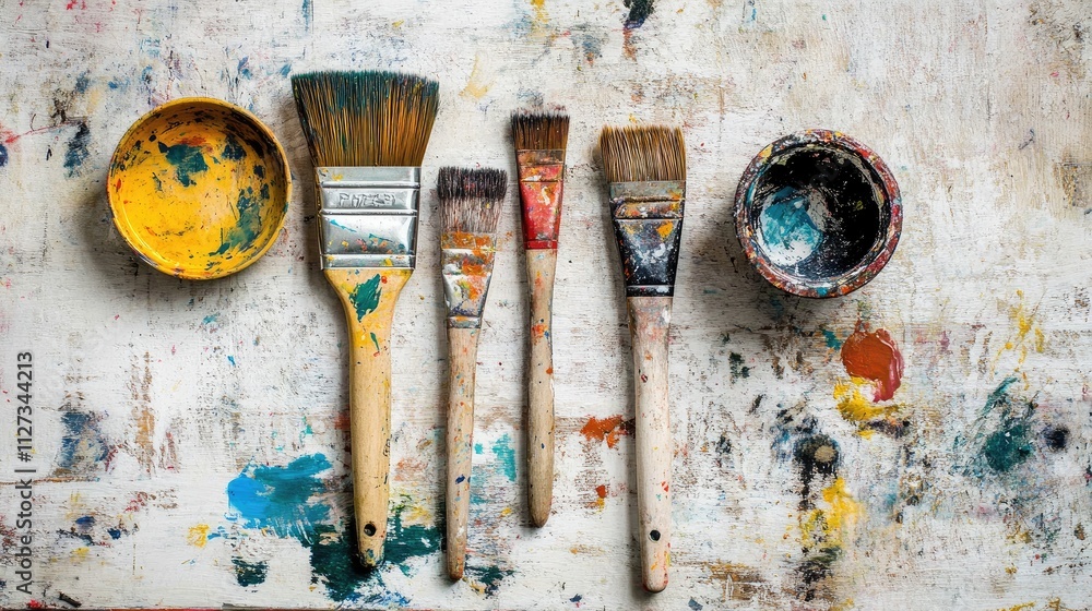 Poster vintage paintbrushes and color containers arranged on a textured background for artistic and creativ