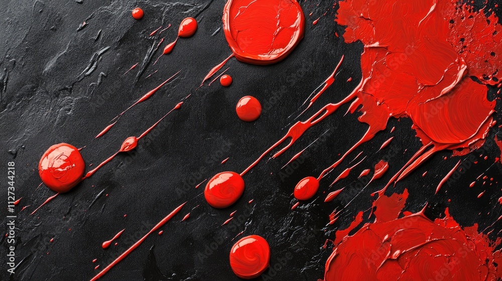 Poster red paint splashes on a textured black background creating an artistic abstract composition for crea