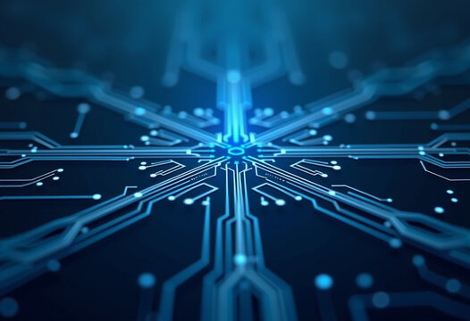 Abstract close-up of a futuristic circuit board resembling a snowflake, showcasing technological innovation.