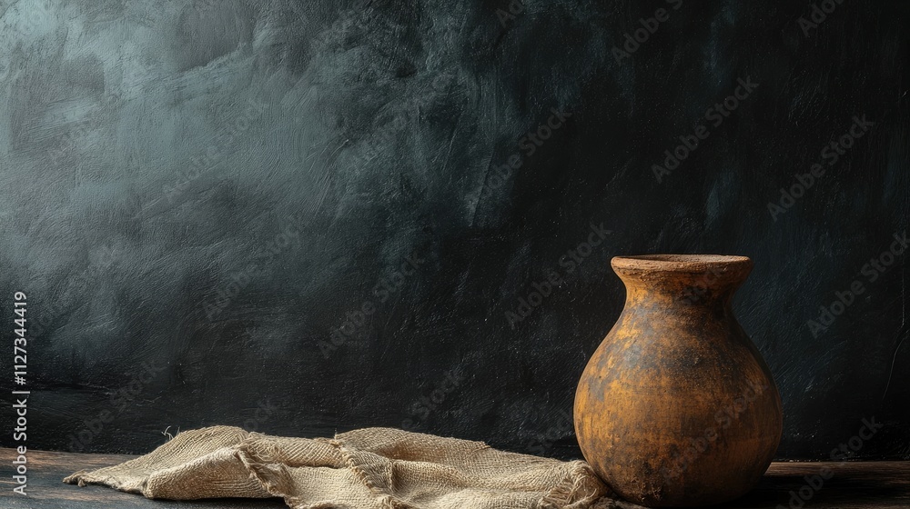 Poster handcrafted pottery displayed on rustic wooden surface with dark textured backdrop for artistic and 