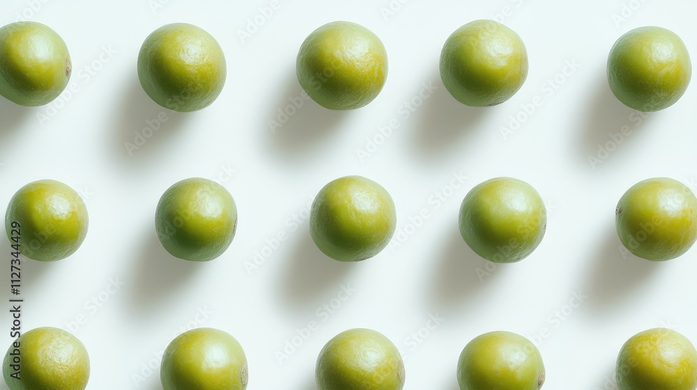 Aufkleber macadamia fruits arranged in a grid pattern on a clean white background showcasing their vibrant gre