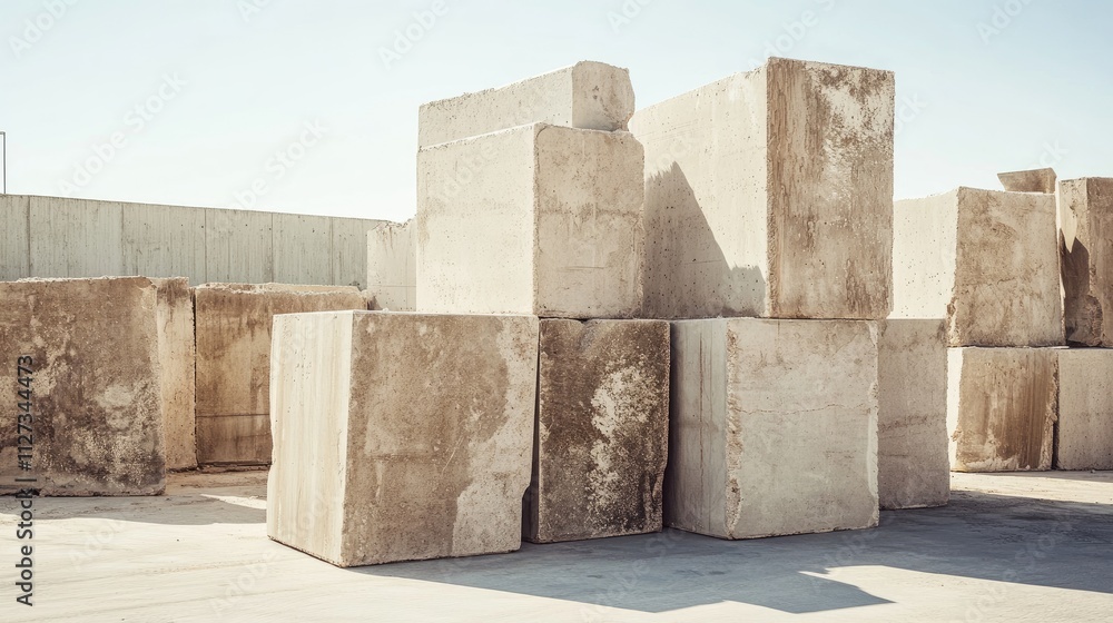 Poster vertical stacks of large stone slabs in a construction site showcasing material usage and industrial