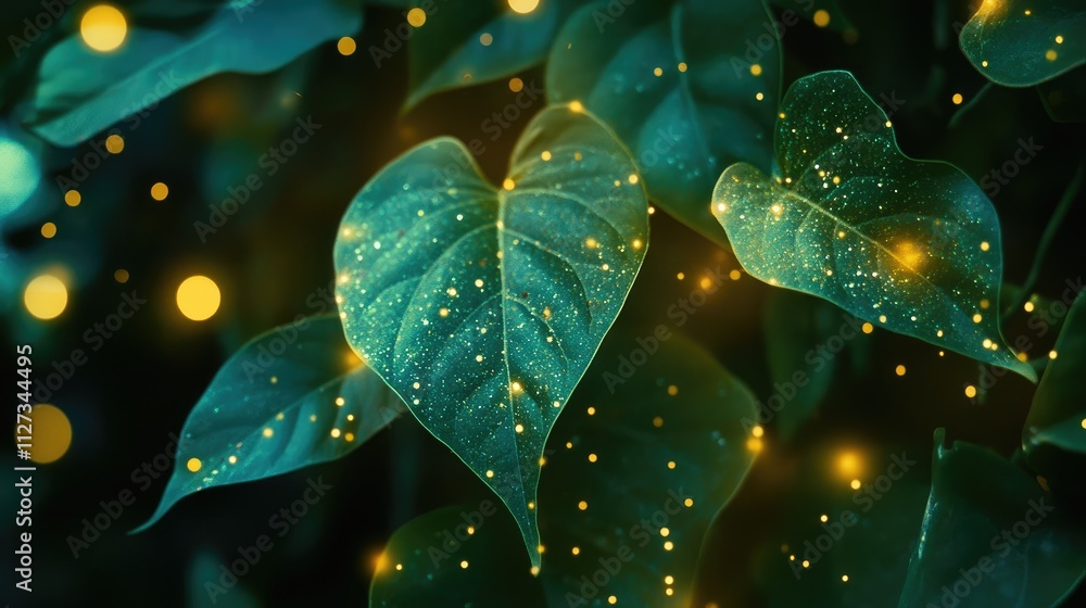 Poster leaves illuminated by warm golden light capturing the tranquility of an evening forest scene with a 