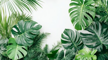 Green leaves of tropical plants bush (Monstera, palm, rubber plant, pine, bird’s nest fern) floral arrangement indoors garden nature backdrop isolated on white background thailand, clipping path.