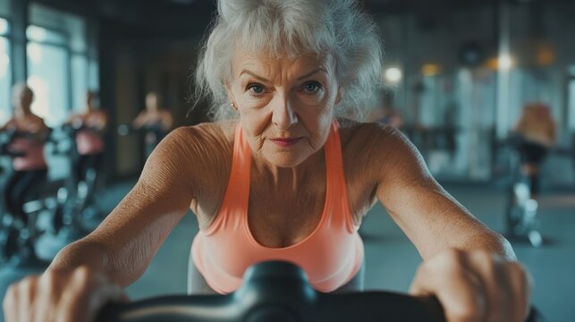 Confident senior woman exercising on spinning bike in group fitness class, wellness aging