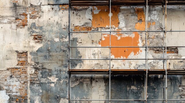 Renovation process revealing layered textures on an old building's wall under scaffolding for restoration and maintenance work